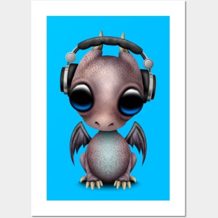 Cute Baby Dragon Deejay Wearing Headphones Posters and Art